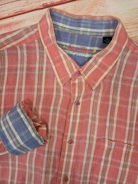 Indigo Palms Mens Plaid 100% Linen Long Sleeve Shirt XL Coral